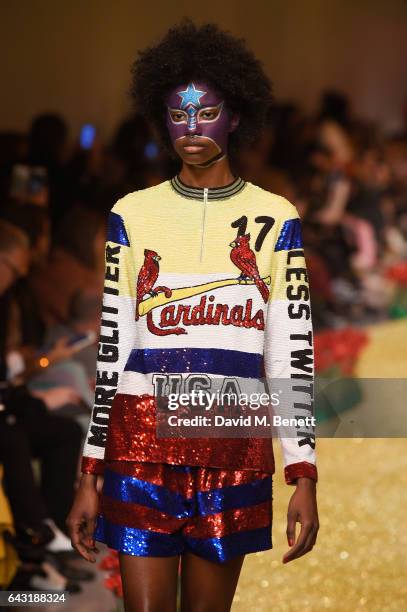 Model walks the runway at the Ashish X Major League Baseball at LFW  inspired by iconic MLB teams, including LA Dodgers, Boston Red Sox and Chicago...