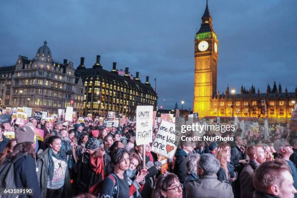 Thousands of protesters holding placards take part in a rally in Parliament Square against US president Donald Trump's state visit to the UK on...