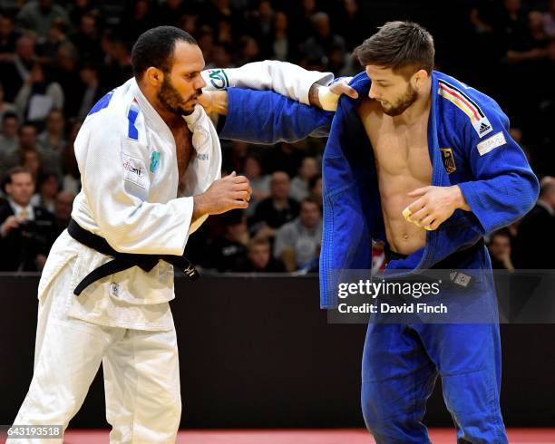 Ludovic Gobert of France threw Marc Odenthal of Germany for an ippon in extra time to win their u90kg round two contest during the 2017 Paris Grand...