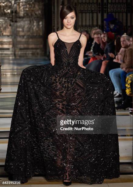 Model walks the runway at the Malan Breton show at Fashion Scout during the London Fashion Week February 2017 collections on February 18, 2017 in...