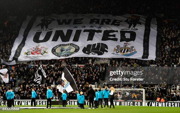 Giant flag flutters in the Gallowgate end before the Sky Bet Championship match between Newcastle United and Aston Villa at St James' Park on...