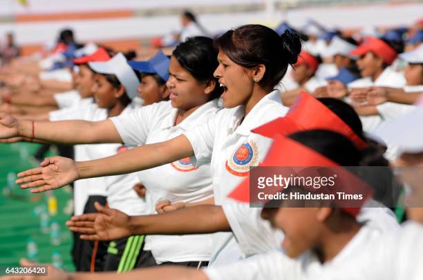 Girls participating in self-defence training titled 'Aarohi' organised at the Khatu Shyam Stadium to commemorate Police Week on February 20, 2017 in...