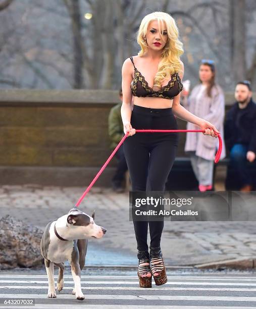 Courtney Stodden is seen in Central Park with a dog on February 20, 2017 in New York City.