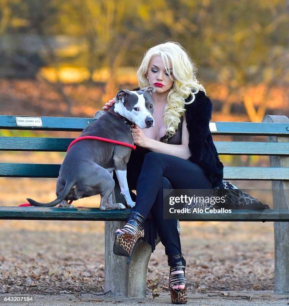 Courtney Stodden is seen in Central Park with a dog on February 20, 2017 in New York City.