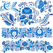 Vector illustration with gzhel floral motif in traditional Russian style isolated on white and ornate flowers and leaves in blue and white