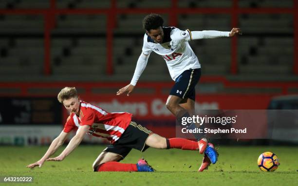 Shayon Harrison of Tottenham Hotspur and Denver Hume of Sunderland compete for the ball during the Premier League 2 match between Tottenham Hotspur...