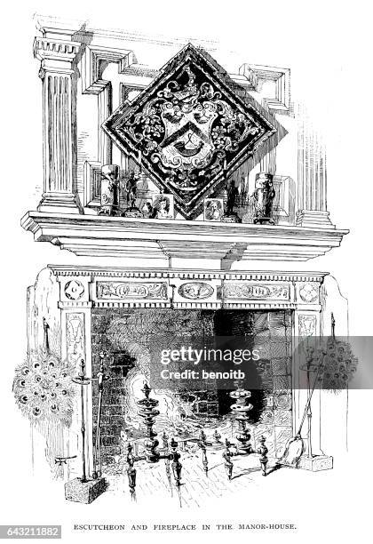 escutcheon and fireplace - fire pit white background stock illustrations