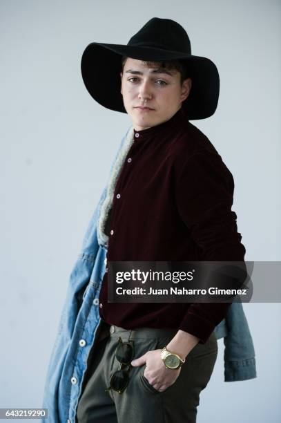 Edgar Ayuso wearing Zara jacket, jeans, shirt and hat at Ifema on February 20, 2017 in Madrid, Spain.