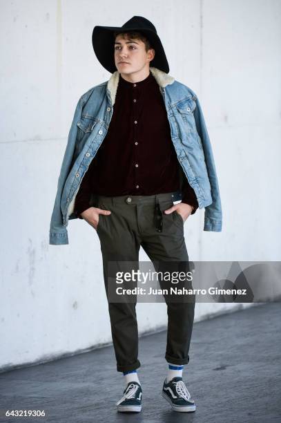 Edgar Ayuso wearing Zara jacket, jeans, shirt and hat at Ifema on February 20, 2017 in Madrid, Spain.