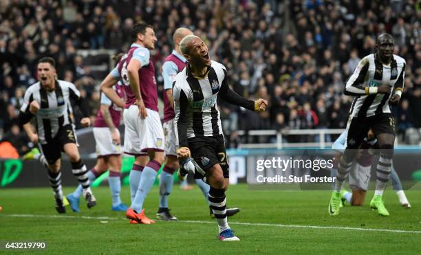 Yoan Gouffran celebrates after scoring the opening goal for Newcastle during the Sky Bet Championship match between Newcastle United and Aston Villa...