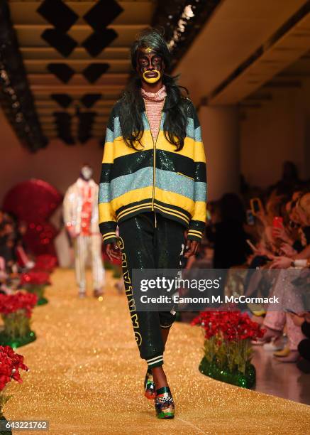 Model walks the runway at the Ashish show during the London Fashion Week February 2017 collections on February 20, 2017 in London, England.