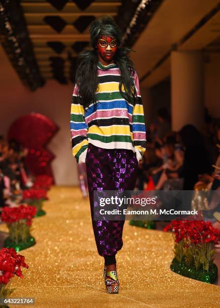 Model walks the runway at the Ashish show during the London Fashion Week February 2017 collections on February 20, 2017 in London, England.