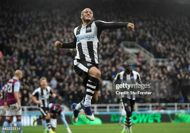 Newcastle player Yoan Gouffran celebrates after scoring the opening goal for Newcastle during the Sky Bet Championship match between Newcastle United...