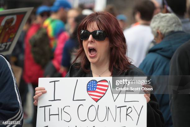 Demonstrators stage a Presidents Day protest near Trump Tower on February 20, 2017 in Chicago, Illinois. The demonstration was one of many anti-Trump...