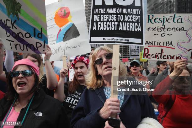 Demonstrators stage a Presidents Day protest near Trump Tower on February 20, 2017 in Chicago, Illinois. The demonstration was one of many anti-Trump...