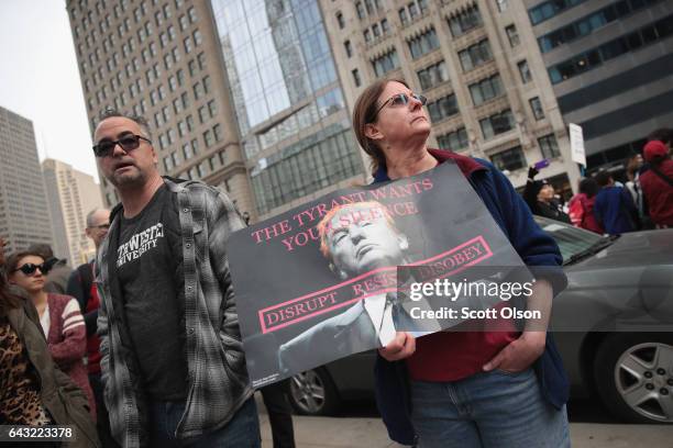 Demonstrators stage a Presidents Day protest near Trump Tower on February 20, 2017 in Chicago, Illinois. The demonstration was one of many anti-Trump...