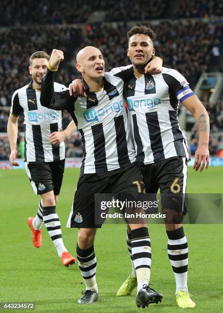 Jonjo Shelvey of Newcastle celebrates the second goal with Jamaal Lascelles during the Sky Bet Championship match between Newcastle United and Aston...