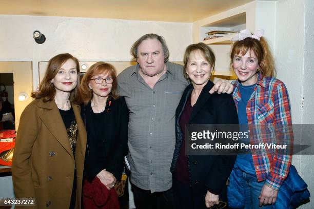 Isabelle Huppert, Elisabeth Depardieu, Gerard Depardieu, Nathalie Baye and Julie Depardieu pose Backstage after Gerard Depardieu sings Barbara,...