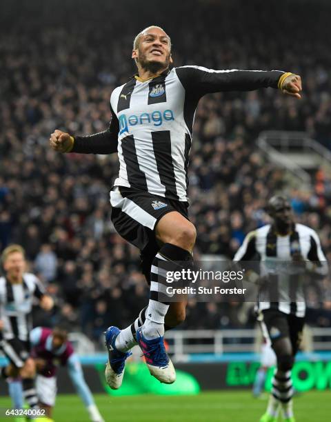 Yoan Gouffran celebrates after scoring the opening goal for Newcastle during the Sky Bet Championship match between Newcastle United and Aston Villa...