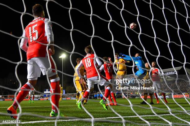 Jamie Collins of Sutton United heads the ball at goal during the Emirates FA Cup fifth round match between Sutton United and Arsenal on February 20,...