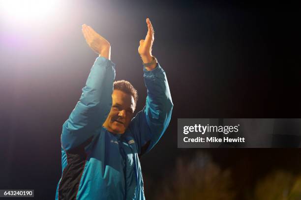 Paul Doswell, manager of Sutton United applauds the fans after the Emirates FA Cup fifth round match between Sutton United and Arsenal on February...