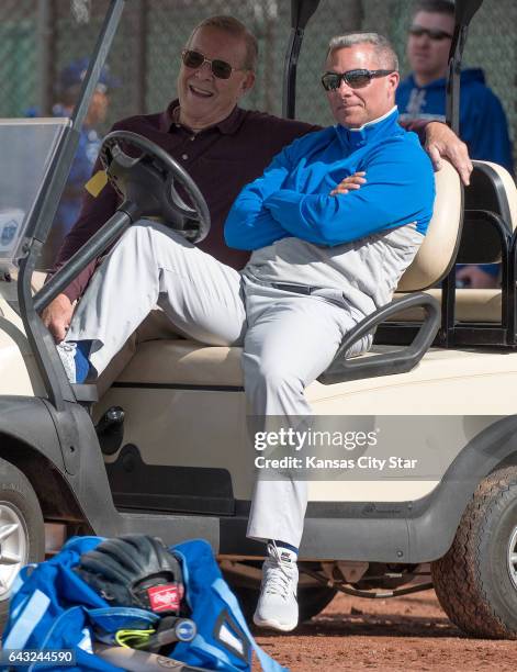 Retired Atlanta Braves executive Paul Snyder, left, visited Kansas City Royals spring training with general manager Dayton Moore on Monday, Feb. 20,...