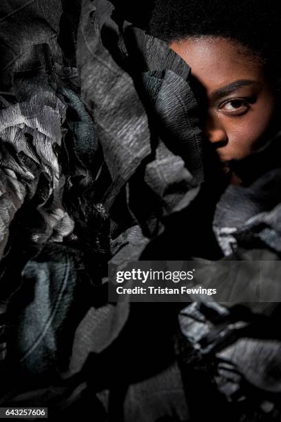 Model backstage ahead of the Hellavagirl show during the London Fashion Week February 2017 collections on February 20, 2017 in London, England.