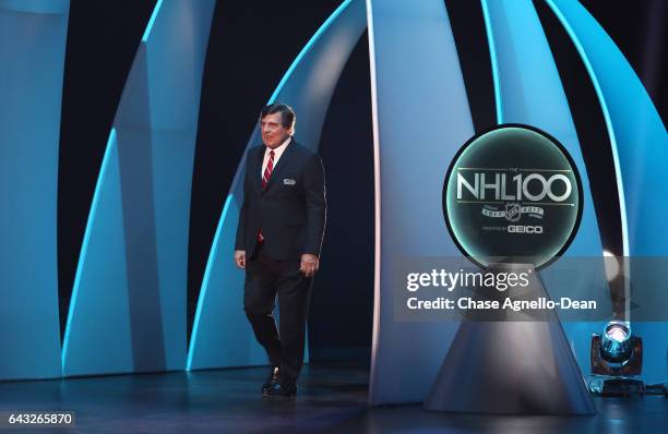 Top 100 player Serge Savard walks onstage during the NHL 100 presented by GEICO show as part of the 2017 NHL All-Star Weekend at the Microsoft...