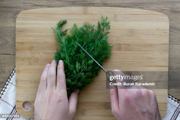 hands chopping dill on wooden board. - dill stock pictures, royalty-free photos & images