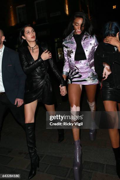 Bella Hadid and Winnie Harlow arriving at Cirque le Soir club after attending LFW a/w 2017: Love Me 17 X Burberry party at Annabel's on Day 4 of...