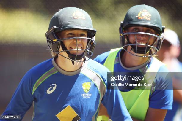 Alex Blackwell and Ashleigh Gardner of Australia take part in a training drill during a Southern Stars training session at Adelaide Oval on February...