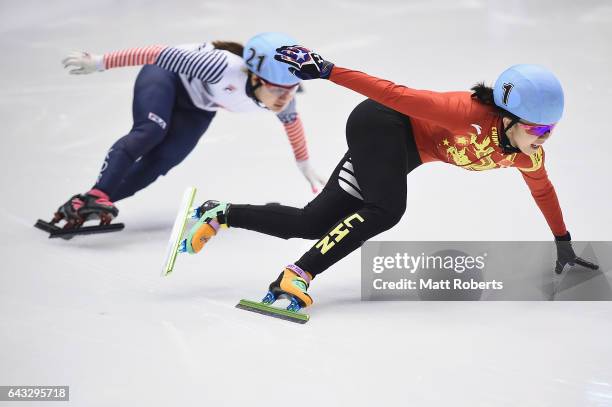 Yihan Guo of China and Jiyoo Kim of Korea compete in the Women's 500 metre Short Track Speed Skating on day four of the 2017 Sapporo Asian Winter...