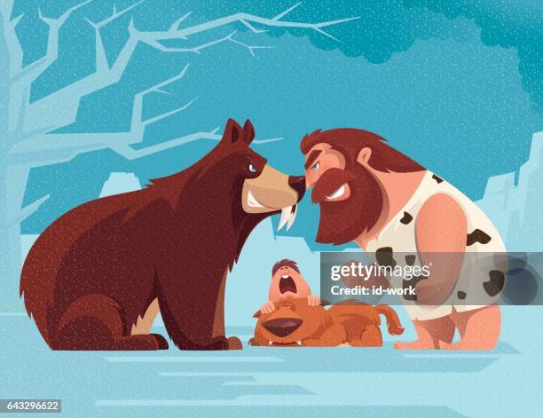 caveman defending bear - bear attack stock illustrations