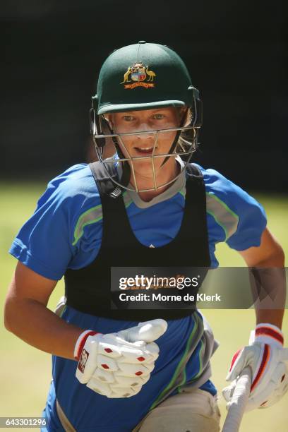 Meg Lanning of Australia runs during a Southern Stars training session at Adelaide Oval on February 21, 2017 in Adelaide, Australia.