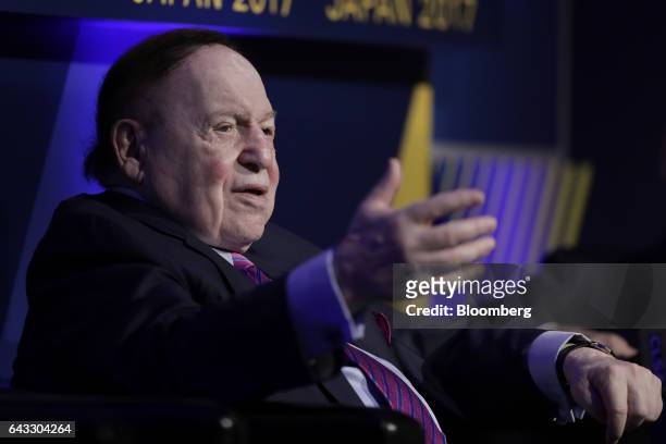 Billionaire Sheldon Adelson, chairman and chief executive officer of Las Vegas Sands Corp., speaks during a keynote presentation session at the 14th...