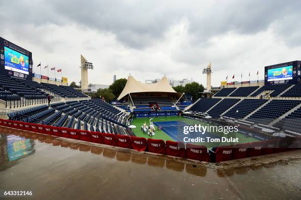 General view of the Centre Court during rain delay on day three of the WTA Dubai Duty Free Tennis Championship at the Dubai Tennis Stadium on...