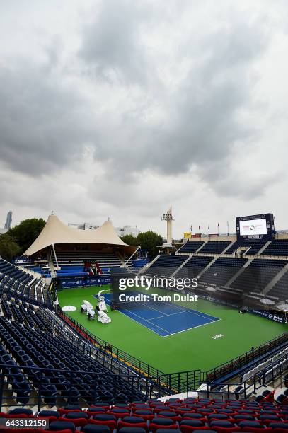 General view of the Centre Court during rain delay on day three of the WTA Dubai Duty Free Tennis Championship at the Dubai Tennis Stadium on...