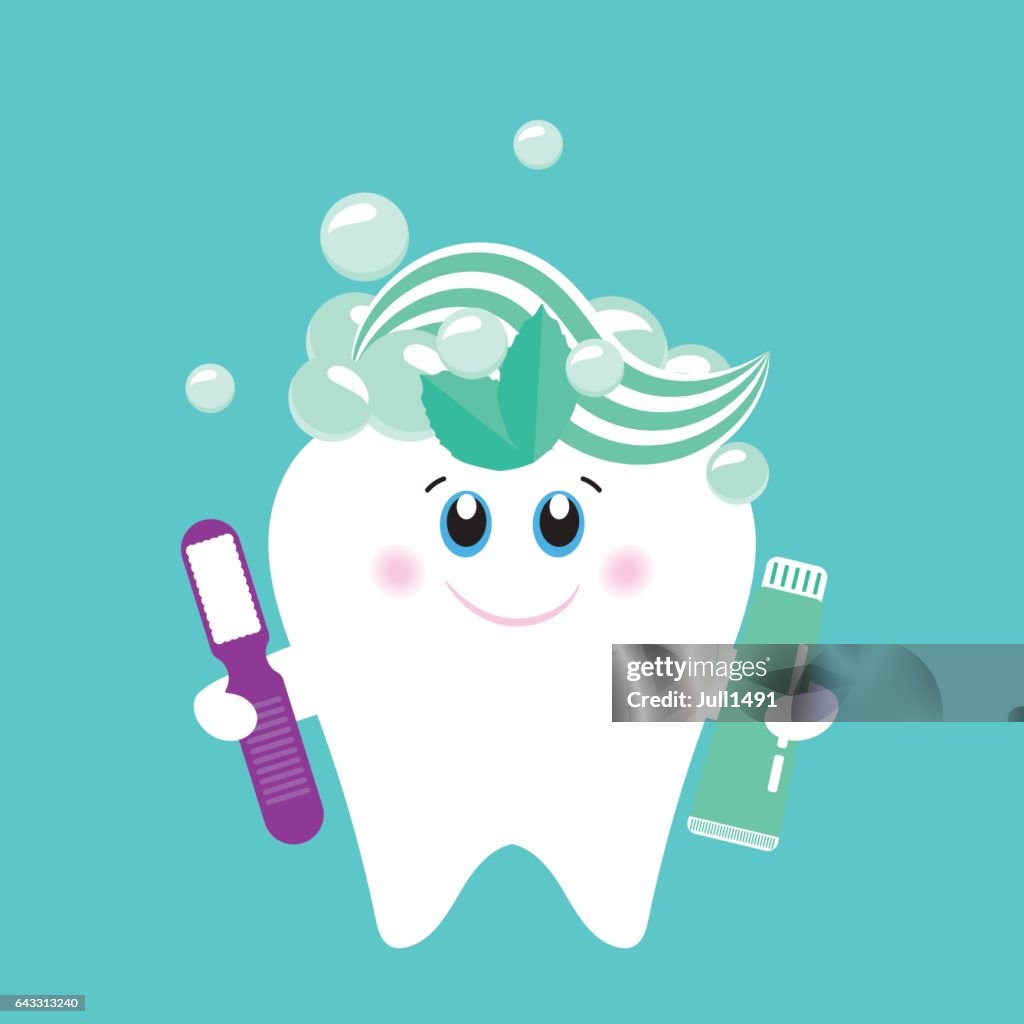 Cute cartoon tooth holding a toothbrush and toothpaste