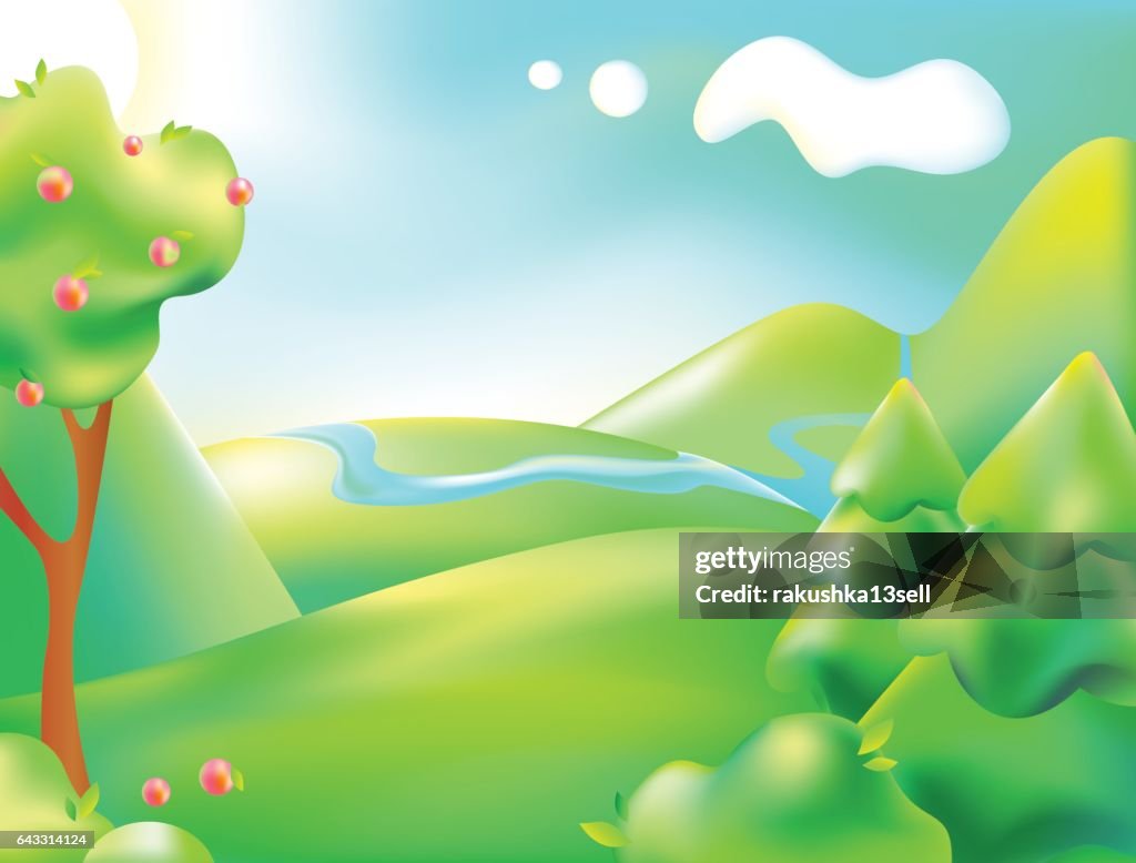 Ilustración De Vector De Naturaleza Colorida Paisaje De Dibujos Animados De Un Día Soleado De Verano Fondo De Los Niños Representa Un Bosque Montaña Río Árboles Cielo Nubes Apple Ilustración de stock - Ilustración De Vector De Naturaleza Colorida Paisaje De Dibujos Animados De Un Día Soleado De Verano Fondo De Los Niños Representa Un Bosque Montaña Río Árboles Cielo Nubes Apple Ilustración de stock -