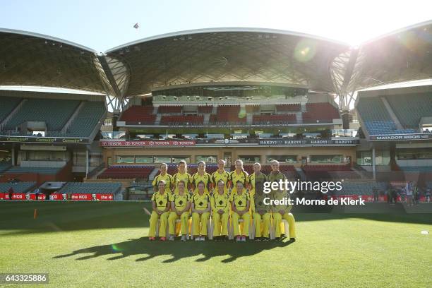 Members of the Australian Womens Cricket Team, The Southern Stars, pose for a group photograph after a training session at Adelaide Oval on February...