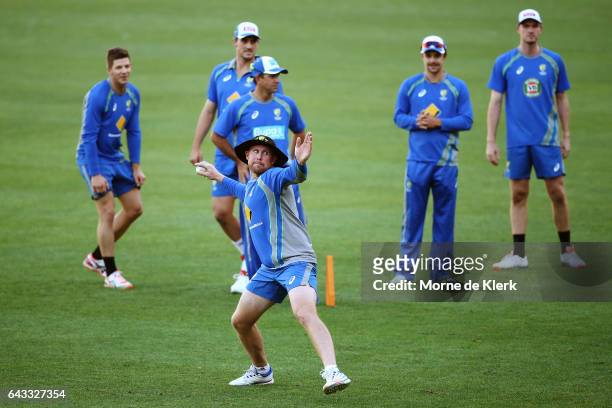 Ben Dunk of Australia throws the ball during an Australia T20 training session at Adelaide Oval on February 21, 2017 in Adelaide, Australia.