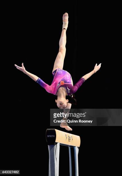 Luo Huan of China practises on the Beam during the World Cup Gymnastics Previews at Hisense Arena on February 21, 2017 in Melbourne, Australia.