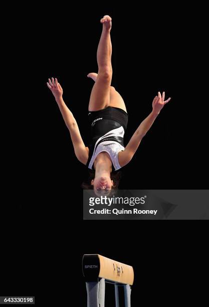 Estella Matthewson of New Zealand practises on the Beam during the World Cup Gymnastics Previews at Hisense Arena on February 21, 2017 in Melbourne,...