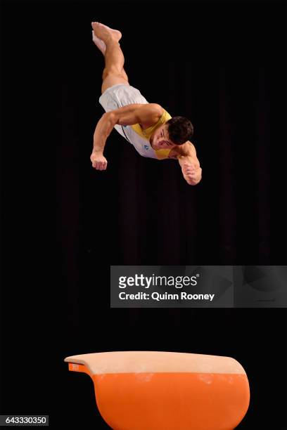 Clay Stephens of Australia practises on the Vault during the World Cup Gymnastics Previews at Hisense Arena on February 21, 2017 in Melbourne,...