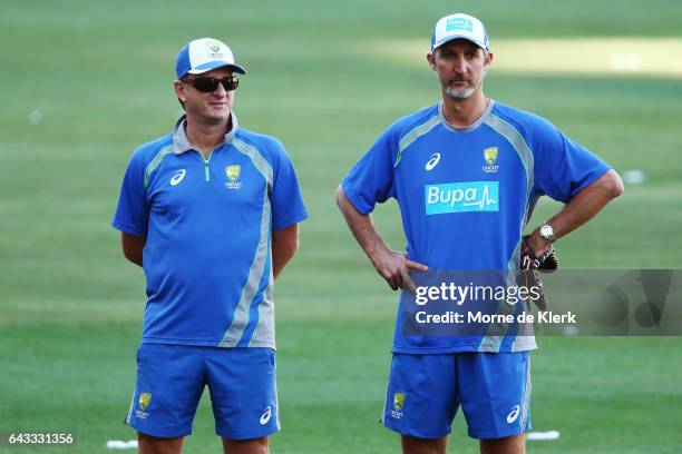 Selector Mark Waugh and assistant Coach Jason Gillespie looks on during an Australia T20 training session at Adelaide Oval on February 21, 2017 in...