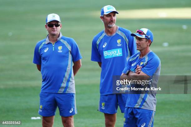 Selector Mark Waugh looks on with assistant coaches Jason Gillespie and head coach Justin Langer during an Australia T20 training session at Adelaide...
