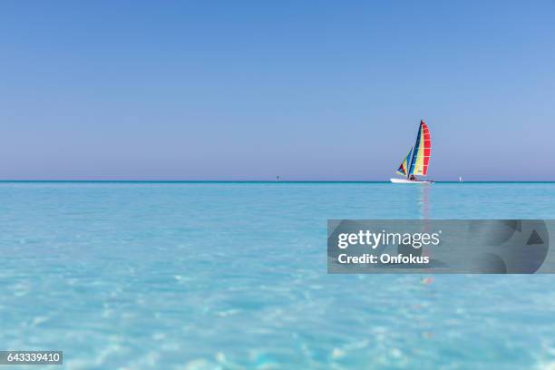 idyllischen tropischen sandstrand, cayo coco, kuba - catamaran sailing stock-fotos und bilder