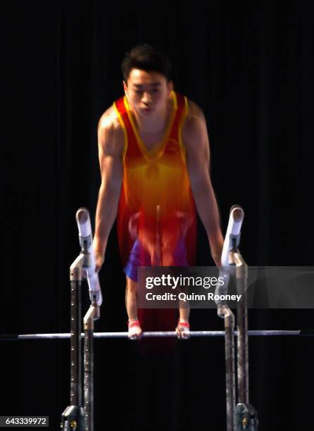 Gymnasts practise during the World Cup Gymnastics Previews at Hisense Arena on February 21, 2017 in Melbourne, Australia.