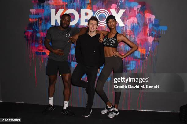 Founder Shane Collins with KOBOX Trainer Antoine Dunn and sister Jourdan Dunn kick of the KOBOX city studio with a boxing workout on February 21,...