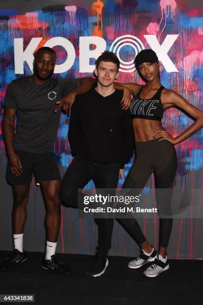 Founder Shane Collins with KOBOX Trainer Antoine Dunn and sister Jourdan Dunn kick of the KOBOX city studio with a boxing workout on February 21,...